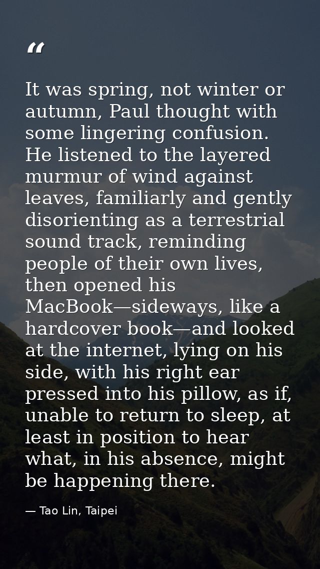 It was spring, not winter or autumn, Paul thought with some lingering confusion. He listened to the layered murmur of wi — Tao Lin, Taipei