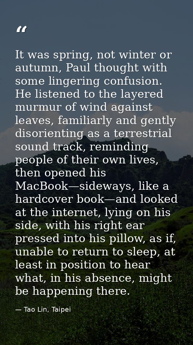 It was spring, not winter or autumn, Paul thought with some lingering confusion. He listened to the layered murmur of wi — Tao Lin, Taipei