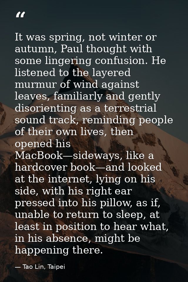 It was spring, not winter or autumn, Paul thought with some lingering confusion. He listened to the layered murmur of wi — Tao Lin, Taipei