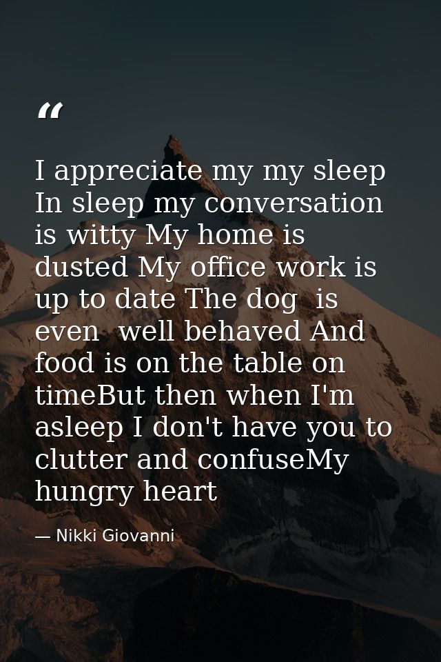 I appreciate my my sleep In sleep my conversation  is witty My home is dusted My office work is up to date The dog  is e — Nikki Giovanni