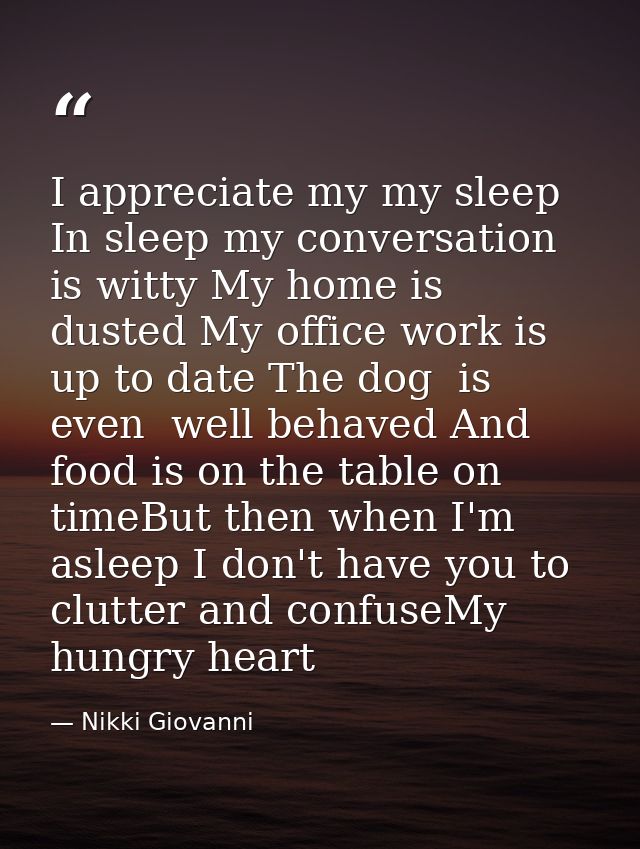 I appreciate my my sleep In sleep my conversation  is witty My home is dusted My office work is up to date The dog  is e — Nikki Giovanni