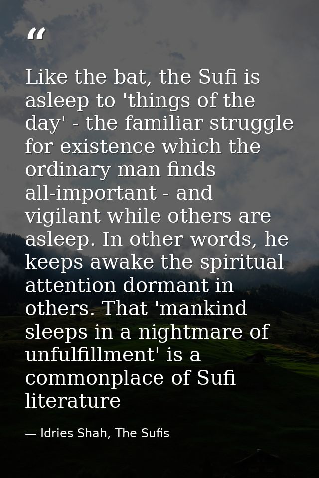 Like the bat, the Sufi is asleep to 'things of the day' - the familiar struggle for existence which the ordinary man fin — Idries Shah, The Sufis