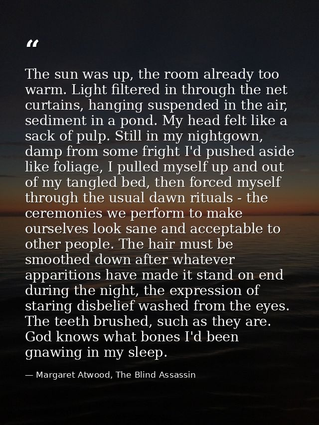The sun was up, the room already too warm. Light filtered in through the net curtains, hanging suspended in the air, sed — Margaret Atwood, The Blind Assassin