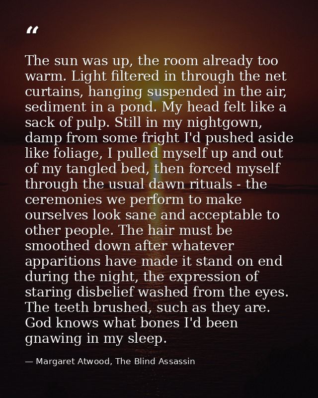 The sun was up, the room already too warm. Light filtered in through the net curtains, hanging suspended in the air, sed — Margaret Atwood, The Blind Assassin
