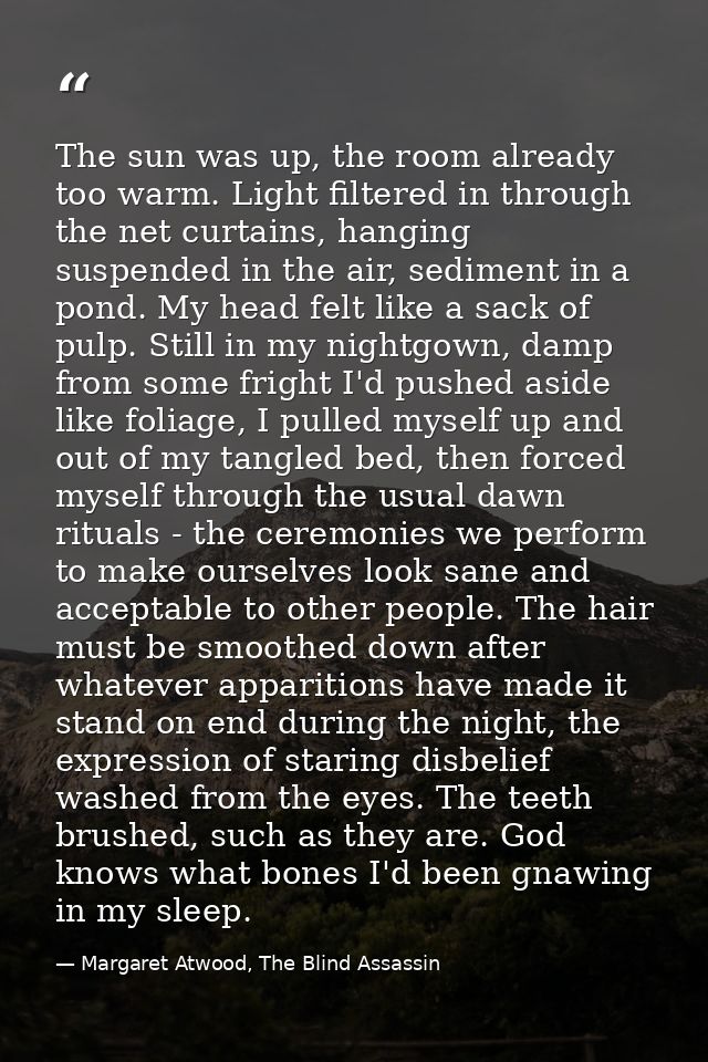 The sun was up, the room already too warm. Light filtered in through the net curtains, hanging suspended in the air, sed — Margaret Atwood, The Blind Assassin