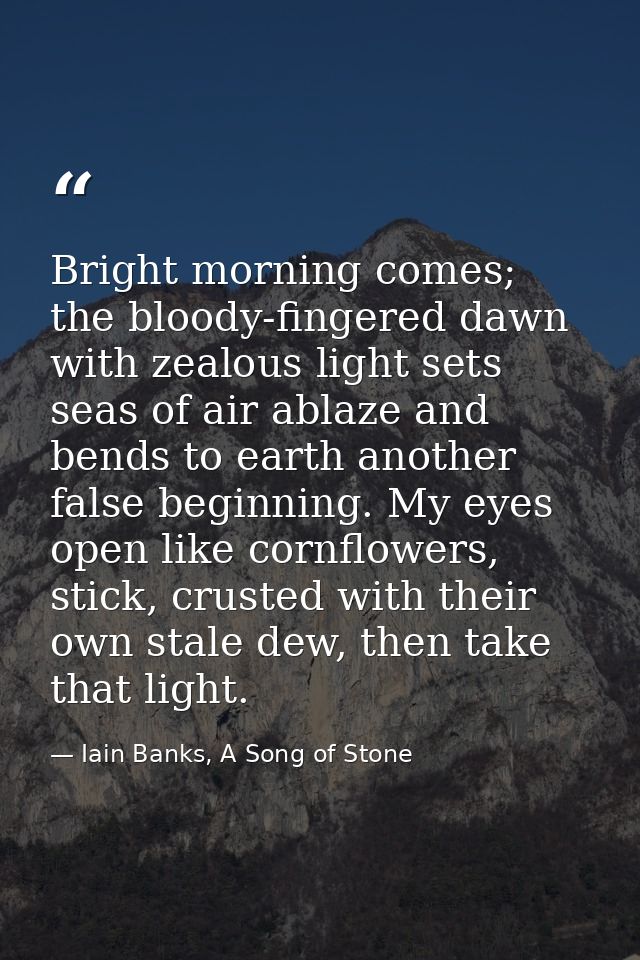 Bright morning comes; the bloody-fingered dawn with zealous light sets seas of air ablaze and bends to earth another fal — Iain Banks, A Song of Stone