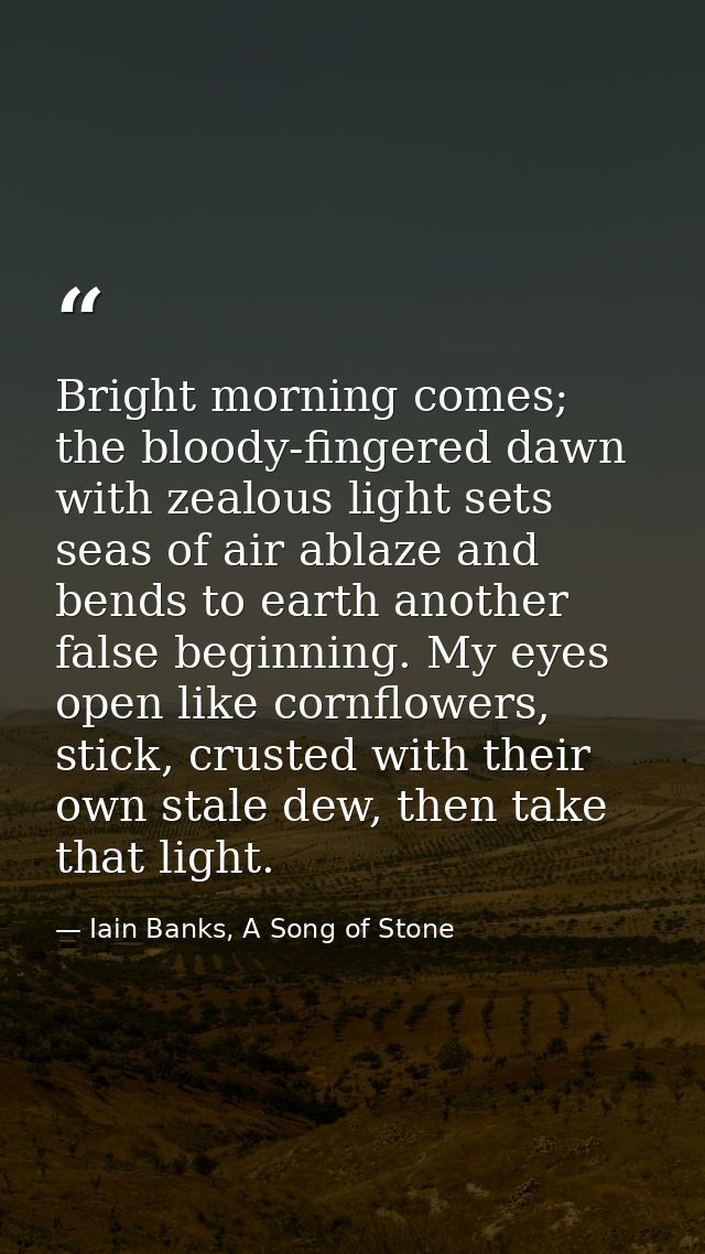 Bright morning comes; the bloody-fingered dawn with zealous light sets seas of air ablaze and bends to earth another fal — Iain Banks, A Song of Stone