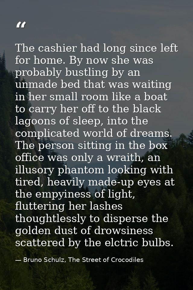 The cashier had long since left for home. By now she was probably bustling by an unmade bed that was waiting in her smal — Bruno Schulz, The Street of Crocodiles
