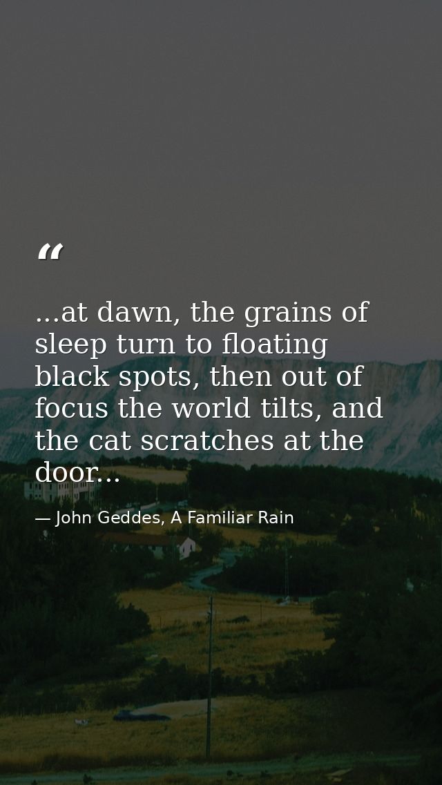 ...at dawn, the grains of sleep turn to floating black spots, then out of focus the world tilts, and the cat scratches a — John Geddes, A Familiar Rain