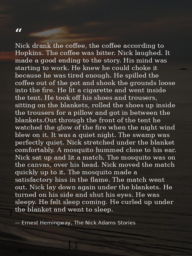 Nick drank the coffee, the coffee according to Hopkins. The coffee was bitter. Nick laughed. It made a good ending to th — Ernest Hemingway, The Nick Adams Stories