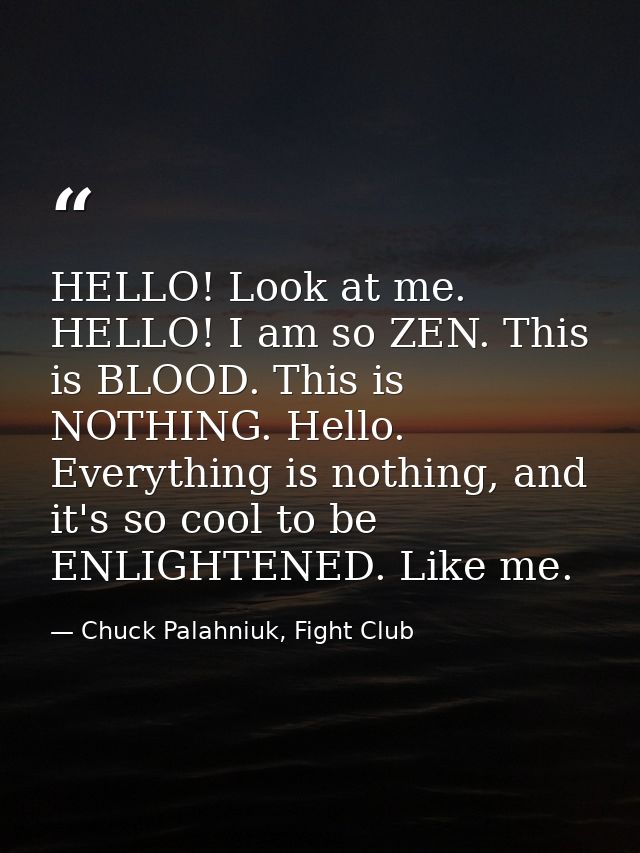 HELLO! Look at me. HELLO! I am so ZEN. This is BLOOD. This is NOTHING. Hello. Everything is nothing, and it's so cool to — Chuck Palahniuk, Fight Club
