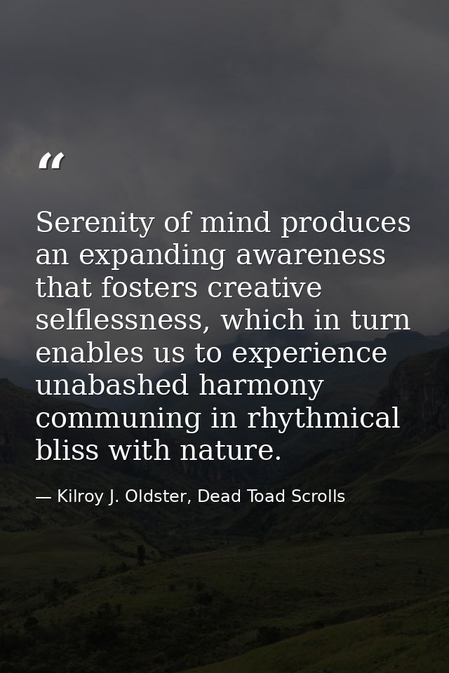 Serenity of mind produces an expanding awareness that fosters creative selflessness, which in turn enables us to experie — Kilroy J. Oldster, Dead Toad Scrolls