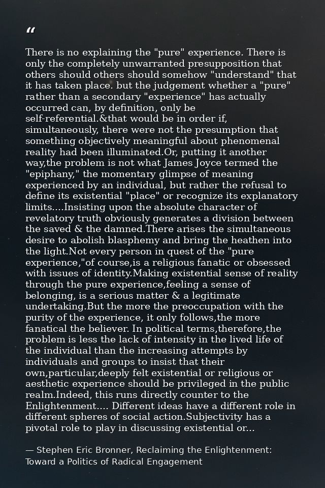 There is no explaining the "pure" experience. There is only the completely unwarranted presupposition that others should — Stephen Eric Bronner, Reclaiming the Enlightenment: Toward a Politics of Radical Engagement
