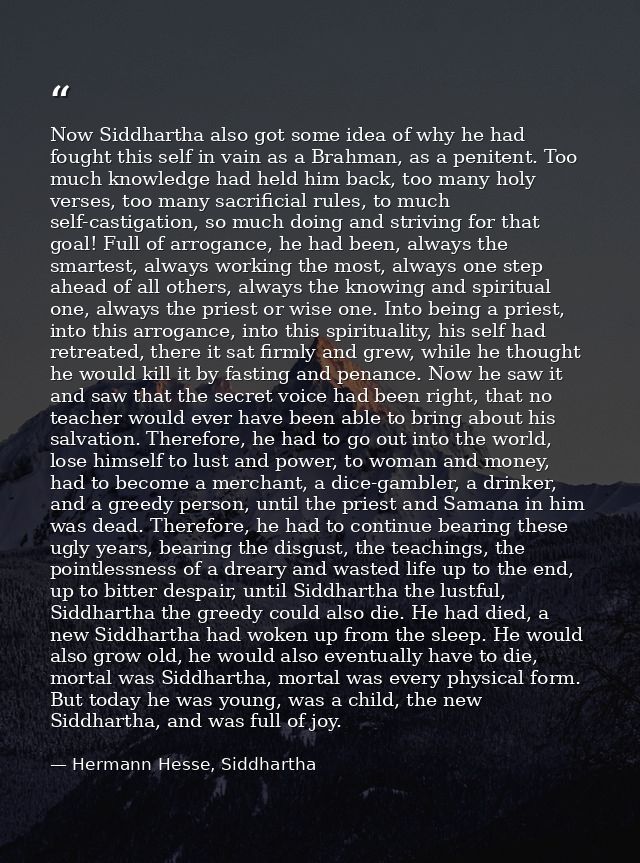 Now Siddhartha also got some idea of why he had fought this self in vain as a Brahman, as a penitent. Too much knowledge — Hermann Hesse, Siddhartha