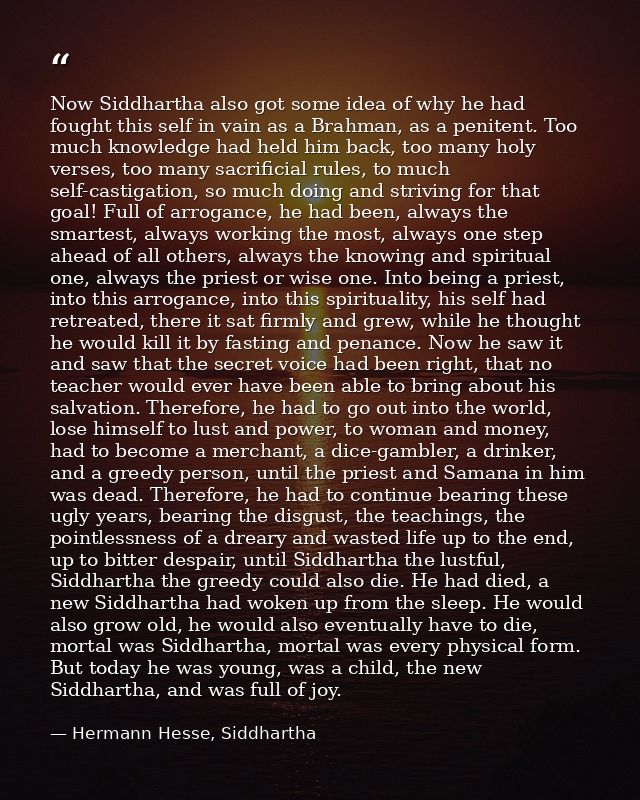 Now Siddhartha also got some idea of why he had fought this self in vain as a Brahman, as a penitent. Too much knowledge — Hermann Hesse, Siddhartha