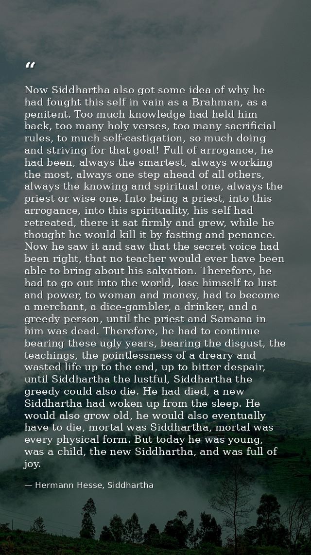 Now Siddhartha also got some idea of why he had fought this self in vain as a Brahman, as a penitent. Too much knowledge — Hermann Hesse, Siddhartha