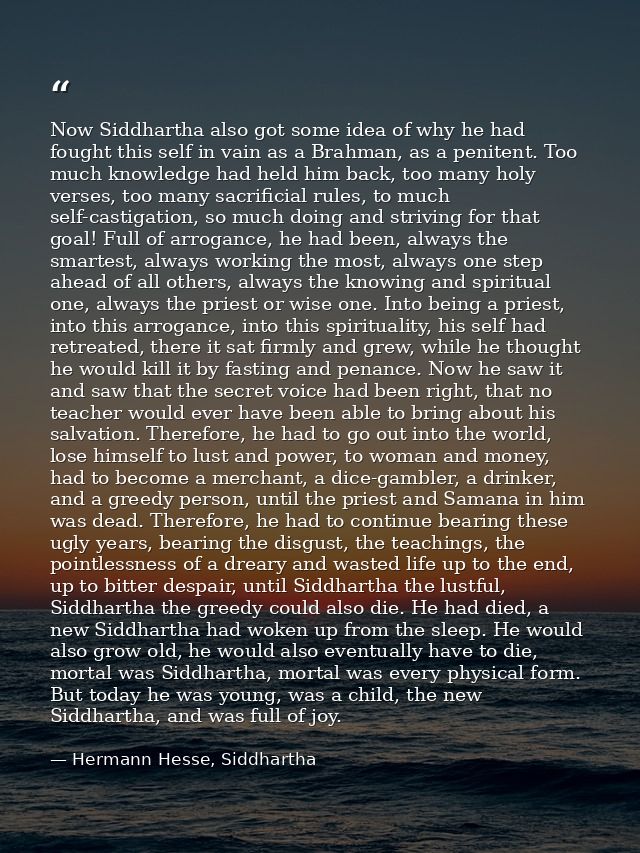 Now Siddhartha also got some idea of why he had fought this self in vain as a Brahman, as a penitent. Too much knowledge — Hermann Hesse, Siddhartha