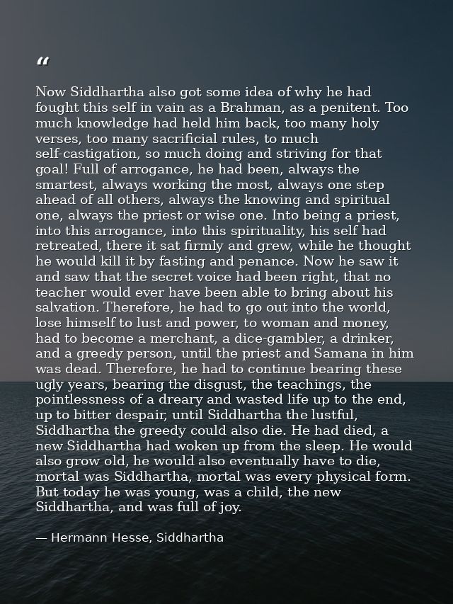 Now Siddhartha also got some idea of why he had fought this self in vain as a Brahman, as a penitent. Too much knowledge — Hermann Hesse, Siddhartha