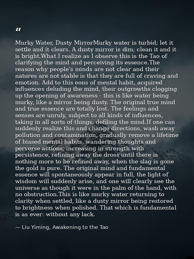 Murky Water, Dusty MirrorMurky water is turbid; let it settle and it clears. A dusty mirror is dim; clean it and it is b — Liu Yiming, Awakening to the Tao