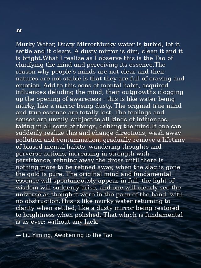 Murky Water, Dusty MirrorMurky water is turbid; let it settle and it clears. A dusty mirror is dim; clean it and it is b — Liu Yiming, Awakening to the Tao