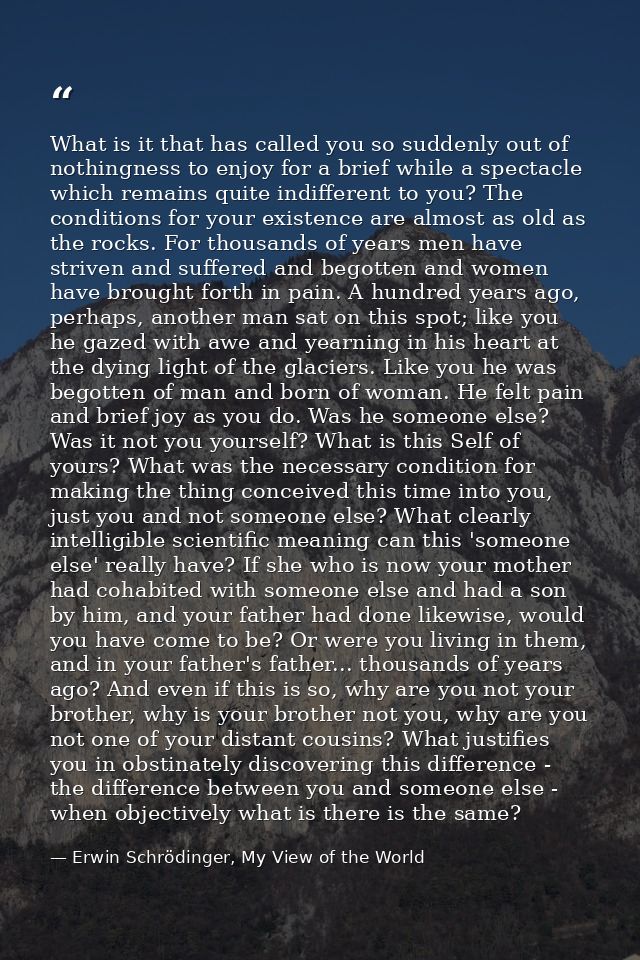 What is it that has called you so suddenly out of nothingness to enjoy for a brief while a spectacle which remains quite — Erwin Schrödinger, My View of the World