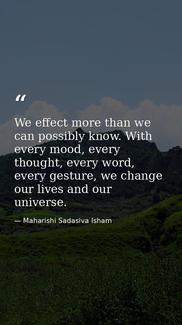 We effect more than we can possibly know. With every mood, every thought, every word, every gesture, we change our lives — Maharishi Sadasiva Isham