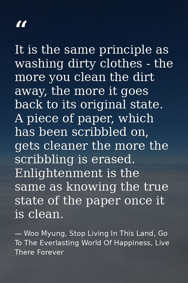 It is the same principle as washing dirty clothes - the more you clean the dirt away, the more it goes back to its origi — Woo Myung, Stop Living In This Land, Go To The Everlasting World Of Happiness, Live There Forever