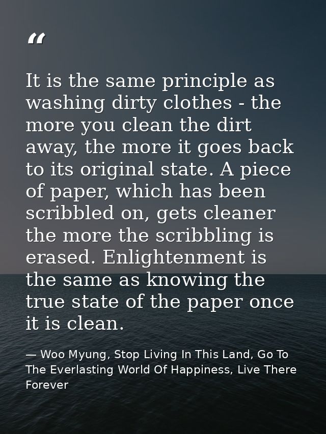 It is the same principle as washing dirty clothes - the more you clean the dirt away, the more it goes back to its origi — Woo Myung, Stop Living In This Land, Go To The Everlasting World Of Happiness, Live There Forever