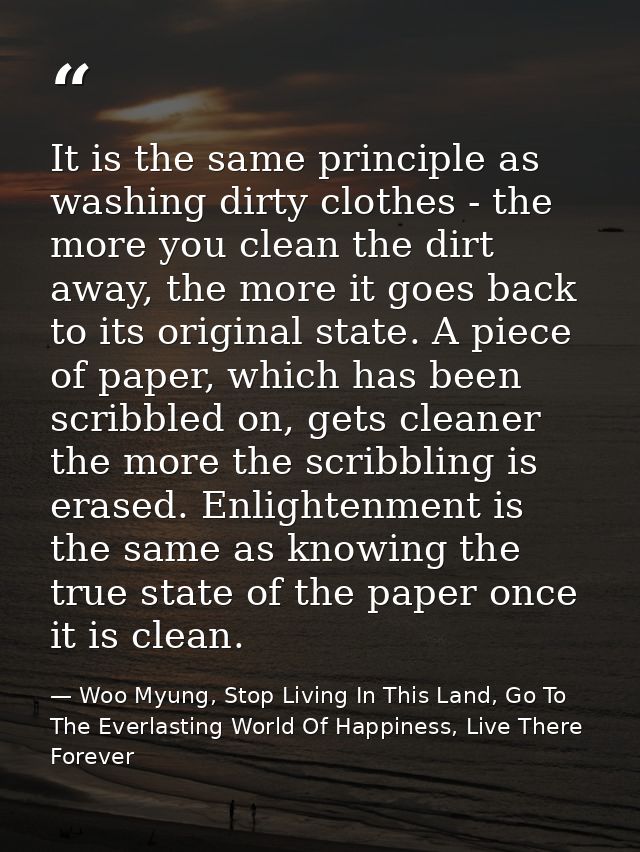 It is the same principle as washing dirty clothes - the more you clean the dirt away, the more it goes back to its origi — Woo Myung, Stop Living In This Land, Go To The Everlasting World Of Happiness, Live There Forever