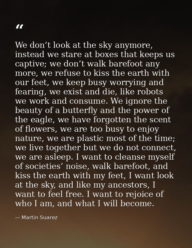 We don’t look at the sky anymore, instead we stare at boxes that keeps us captive; we don’t walk barefoot any more, we r — Martin Suarez