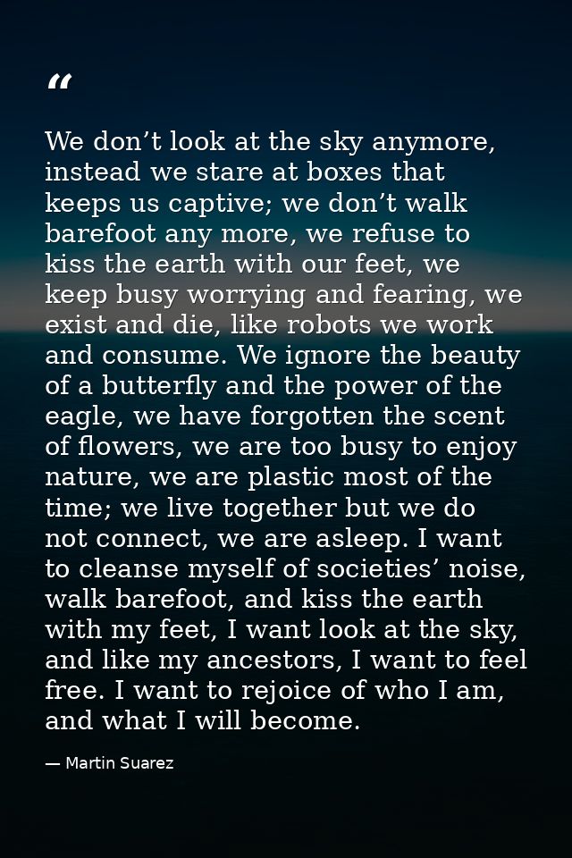 We don’t look at the sky anymore, instead we stare at boxes that keeps us captive; we don’t walk barefoot any more, we r — Martin Suarez