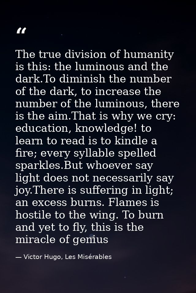 The true division of humanity is this: the luminous and the dark.To diminish the number of the dark, to increase the num — Victor Hugo, Les Misérables