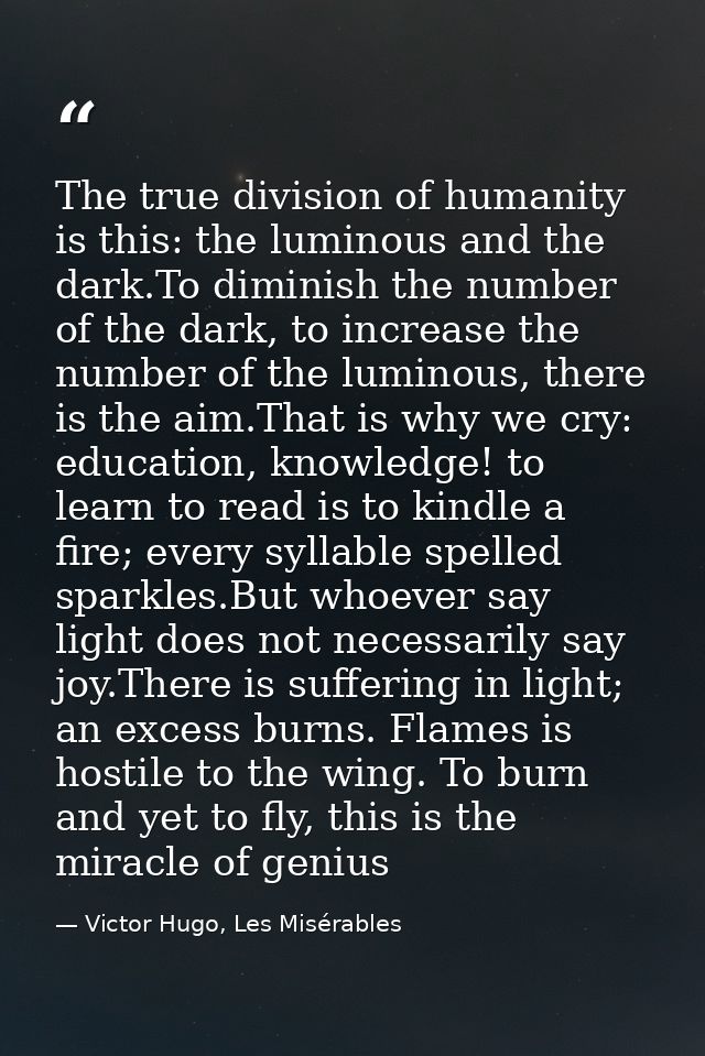 The true division of humanity is this: the luminous and the dark.To diminish the number of the dark, to increase the num — Victor Hugo, Les Misérables