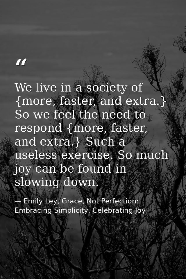 We live in a society of {more, faster, and extra.} So we feel the need to respond {more, faster, and extra.} Such a usel — Emily Ley, Grace, Not Perfection: Embracing Simplicity, Celebrating Joy