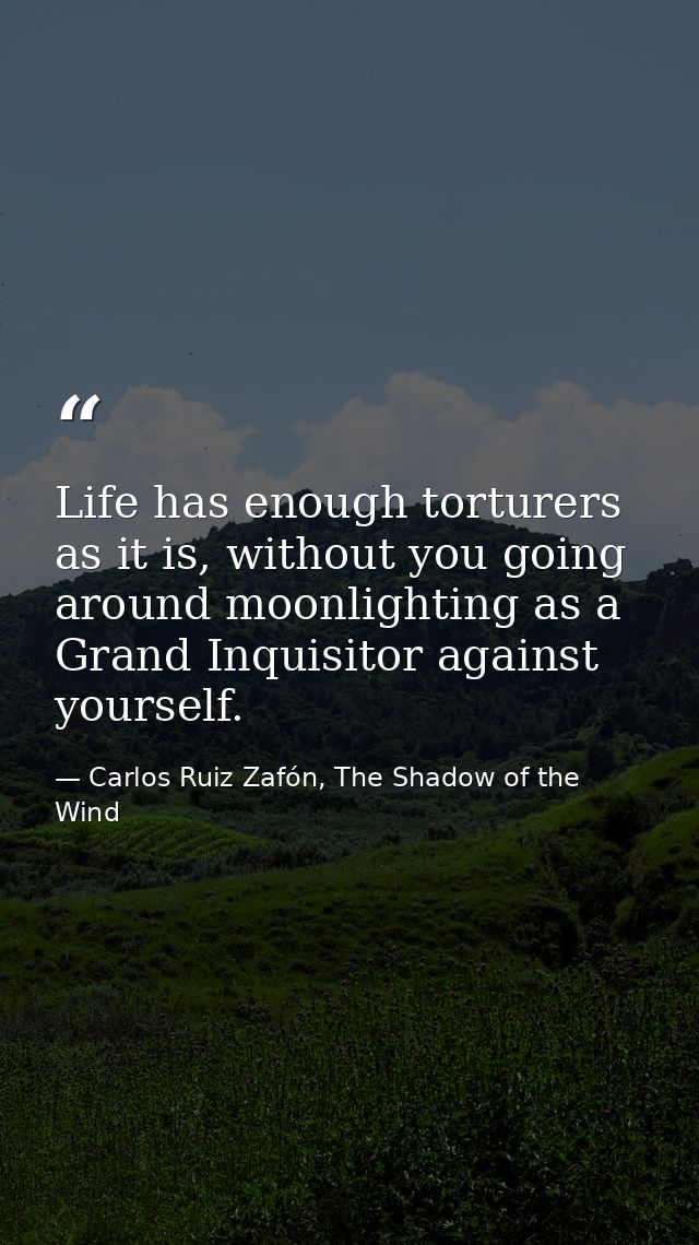 Life has enough torturers as it is, without you going around moonlighting as a Grand Inquisitor against yourself. — Carlos Ruiz Zafón, The Shadow of the Wind