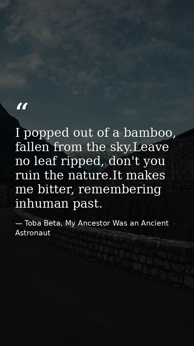 I popped out of a bamboo, fallen from the sky.Leave no leaf ripped, don't you ruin the nature.It makes me bitter, rememb — Toba Beta, My Ancestor Was an Ancient Astronaut