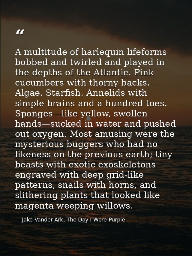 A multitude of harlequin lifeforms bobbed and twirled and played in the depths of the Atlantic. Pink cucumbers with thor — Jake Vander-Ark, The Day I Wore Purple