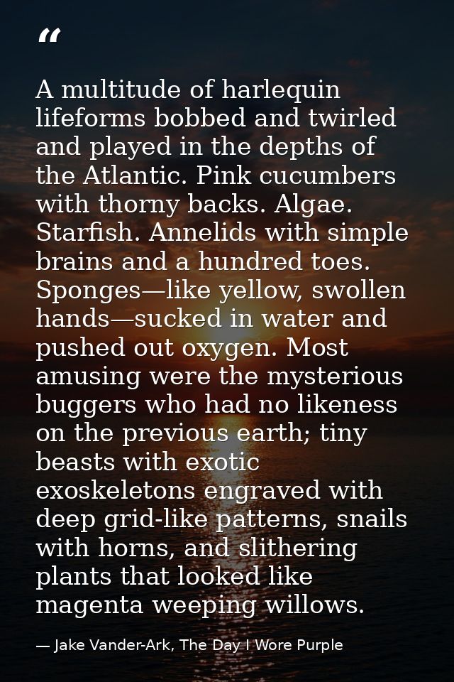 A multitude of harlequin lifeforms bobbed and twirled and played in the depths of the Atlantic. Pink cucumbers with thor — Jake Vander-Ark, The Day I Wore Purple