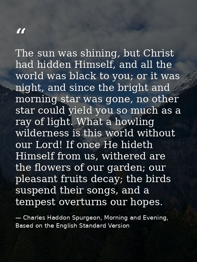 The sun was shining, but Christ had hidden Himself, and all the world was black to you; or it was night, and since the b — Charles Haddon Spurgeon, Morning and Evening, Based on the English Standard Version