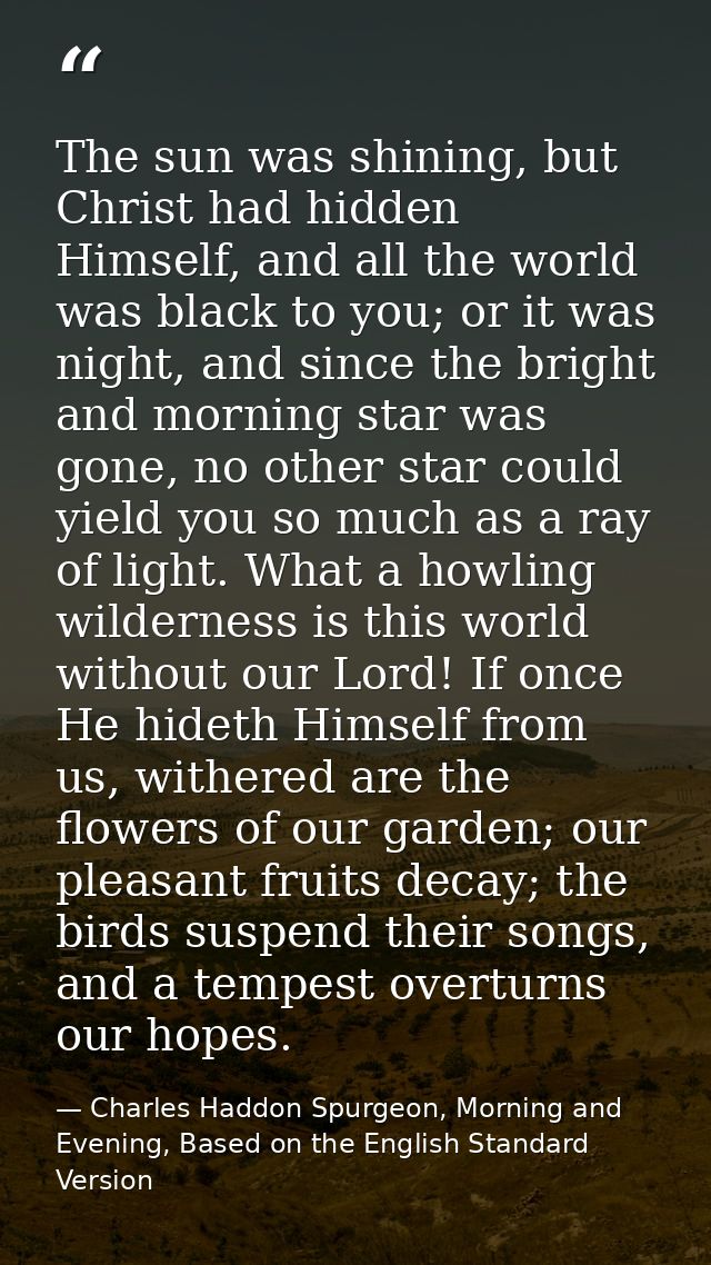 The sun was shining, but Christ had hidden Himself, and all the world was black to you; or it was night, and since the b — Charles Haddon Spurgeon, Morning and Evening, Based on the English Standard Version