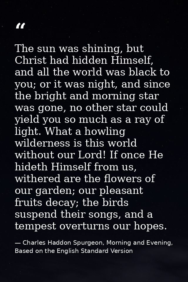 The sun was shining, but Christ had hidden Himself, and all the world was black to you; or it was night, and since the b — Charles Haddon Spurgeon, Morning and Evening, Based on the English Standard Version