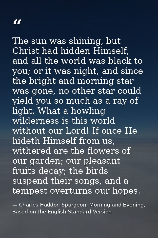 The sun was shining, but Christ had hidden Himself, and all the world was black to you; or it was night, and since the b — Charles Haddon Spurgeon, Morning and Evening, Based on the English Standard Version