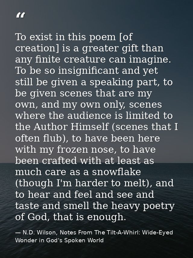 To exist in this poem [of creation] is a greater gift than any finite creature can imagine. To be so insignificant and y — N.D. Wilson, Notes From The Tilt-A-Whirl: Wide-Eyed Wonder in God's Spoken World
