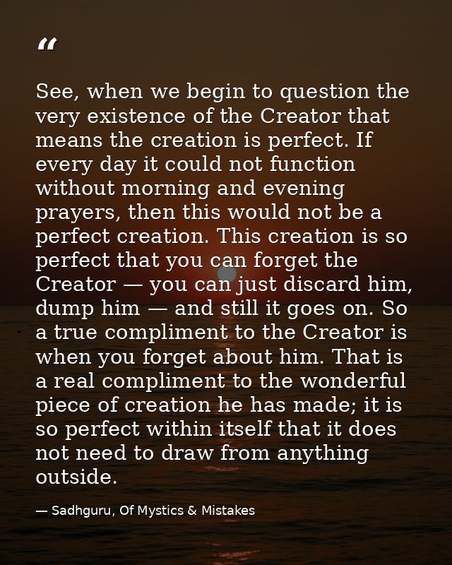 See, when we begin to question the very existence of the Creator that means the creation is perfect. If every day it cou — Sadhguru, Of Mystics & Mistakes