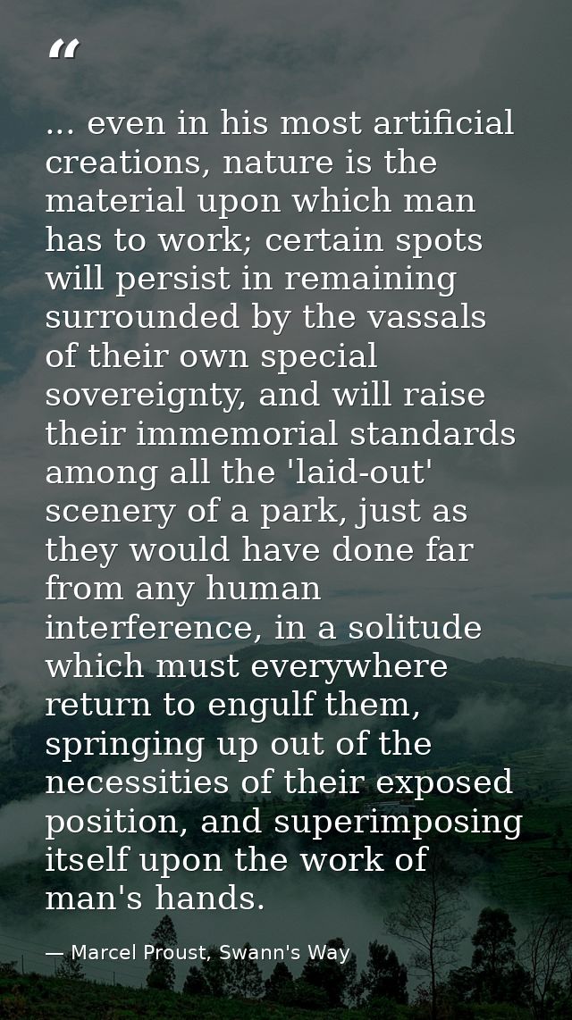 ... even in his most artificial creations, nature is the material upon which man has to work; certain spots will persist — Marcel Proust, Swann's Way