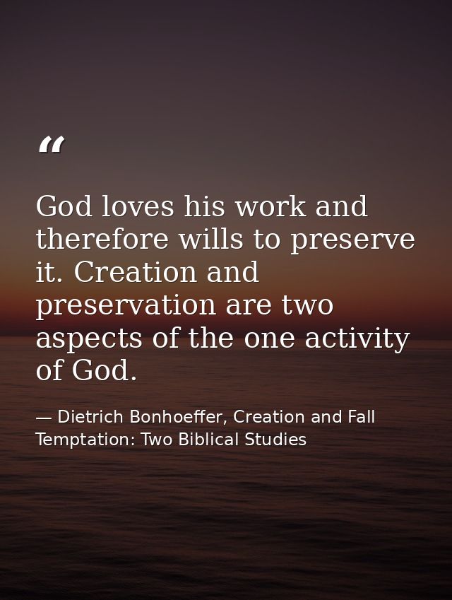 God loves his work and therefore wills to preserve it. Creation and preservation are two aspects of the one activity of  — Dietrich Bonhoeffer, Creation and Fall Temptation: Two Biblical Studies