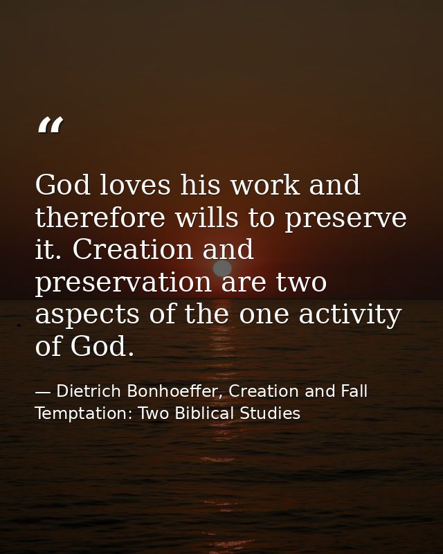 God loves his work and therefore wills to preserve it. Creation and preservation are two aspects of the one activity of  — Dietrich Bonhoeffer, Creation and Fall Temptation: Two Biblical Studies