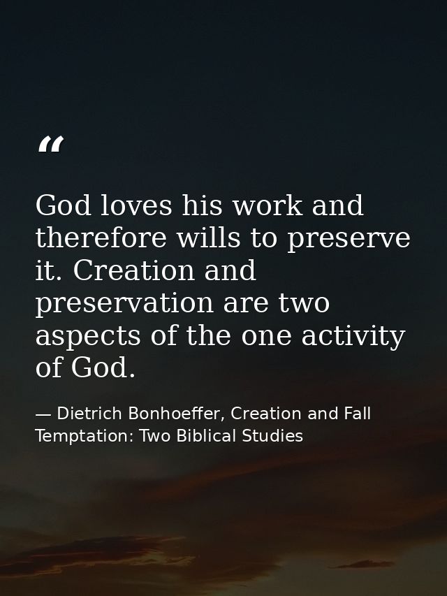 God loves his work and therefore wills to preserve it. Creation and preservation are two aspects of the one activity of  — Dietrich Bonhoeffer, Creation and Fall Temptation: Two Biblical Studies