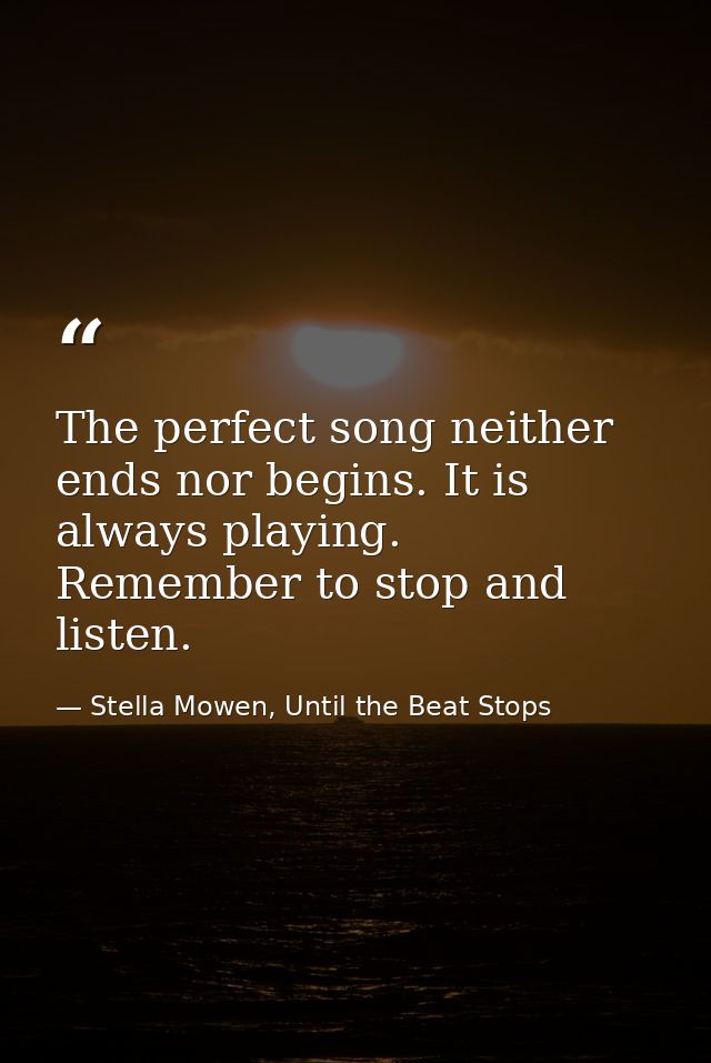 The perfect song neither ends nor begins. It is always playing. Remember to stop and listen. — Stella Mowen, Until the Beat Stops