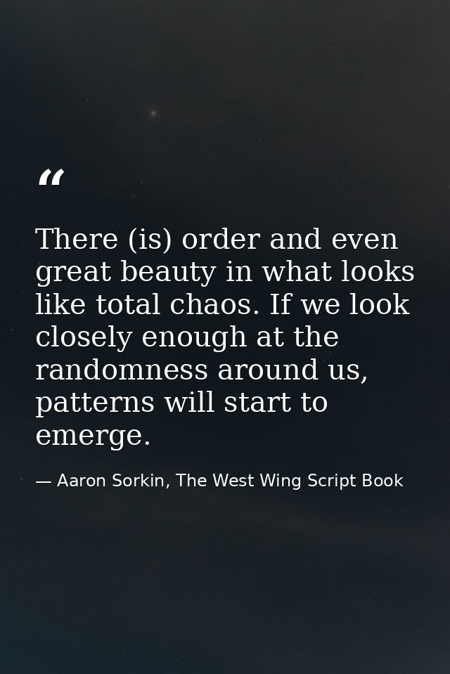 There (is) order and even great beauty in what looks like total chaos. If we look closely enough at the randomness aroun — Aaron Sorkin, The West Wing Script Book